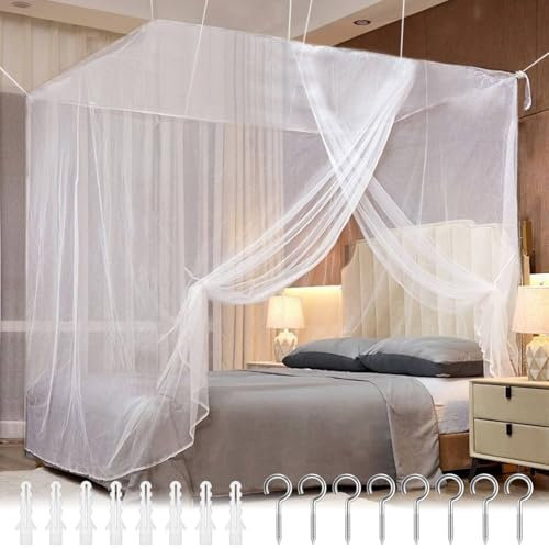 Zanzariera Letto Matrimoniale,Zanzariera Letto Baldacchino in Poliestere Quadrata,Grande Zanzariera Portatile la Sospensione Aperture Laterali per Interni ed Esterni Decorativa Bianco 200x200x230cm