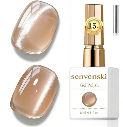 Senvenski Jelly Glass Cat Eye Gel Nail Polish with Magnet 15ML Magnetic 3D Galaxy Holographic Glitter Translucent Sheer Color Gel Polish Salon Home DIY (Champagne, MY1-006)