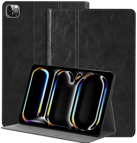 NANRUIL Hülle für Ipad Pro 13 Zoll M4/M5 Huelle 2024/2025(Modell:A3360/A3361/A2925/A2926) Echtes Leder Tablet Schutzhülle Case Cover,Auto Wachen/Schlafen.Schwarz