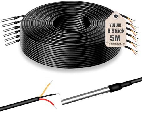 YUJUVI Temperatursensor 5m Kabel Wasserdicht Temperaturfühler 6 Stück Digitaler Edelstahl Temperatursensor kompatibel mit Arduino und Raspberry Pi kompatibel mit Shelly