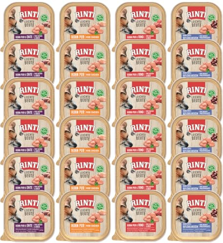 Rinti Leichte Beute Mixpaket | 24 x 300g Schale | 4 Sorten: Huhn, Ente, Geflügelherzen, Rind | Kalorienreduziertes Nassfutter für Hunde | Getreidefrei & fettarm | Leicht verdaulich
