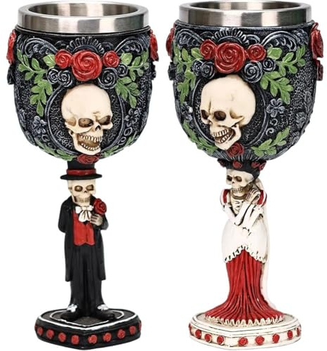Lpitoy Lot De 2 Verres À Vin Gothiques Squelettes pour Mariés, Motif Tête De Mort, pour Le Jour des Morts, pour Halloween, pour Bar, pour Boire