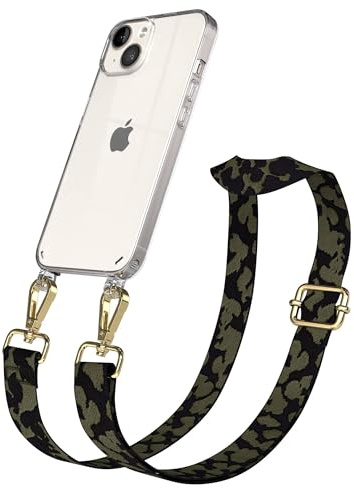 EAZY CASE Handykette - Verstellbares Taschenband kompatibel mit iPhone 14, Schulterriemen, Handykordel mit Silikon Hülle, Umhängetasche, Dunkelgrün Camouflage Gold