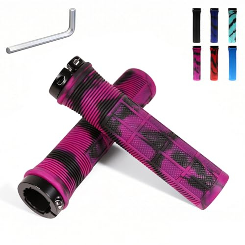Binudum Puños Bicicleta MTB, con Bloqueo de Aluminio,Puños Manillar de Antideslizantes de DiáMetro Interior 22mm,Puños Bicicleta para BMX, Scooter,Bicicleta de MontañA y Bicicleta Urbana（Negro Morado