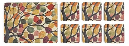 Pimpernel Cork Backed Placemats & Coasters Set of 6 – Colourful Rainbow Leaves Design – Stylish Tableware for Dining, Entertaining & Home