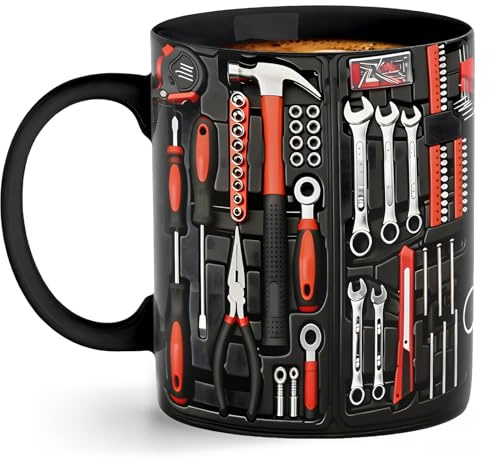 Orsefeliy Toolbox Mugs for Men, Novelty Printing Ceramic Coffee Mug, Decorative Tea Cup for Home and Office, Mechanic Gifts for Engineer Dad Men, Reusable Black Cup for Tea Coffee Beer & Hot Drinks
