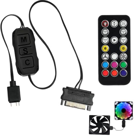 ARGB Controller mit Fernbedienung, 5V 3-Pin RGB Controller Hub SATA mit 17 Tasten Fernbedienun g, RGB Fernbedienung für PC Lüfter, Lichtleisten und Desktop-Gehäuselüfter für ARGB 5V Mainboards