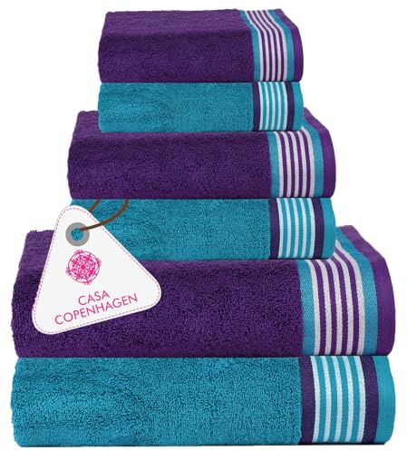 Casa Copenhagen Juego de 6 Toallas de baño 600 gsm, Violeta-Índigo-Turquesa | He & She 100% algodón egipcio puro para baño, cocina y ducha: 2 toallas baño, 2 de mano, 2 paños (set regalo mujer y hombre)