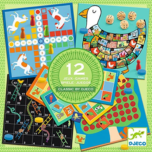 DJECO Coffret de 12 Jeux de Société pour Enfants dès 4 Ans - Jeux Classiques Adaptés et Simplifiés pour Les Enfants - Divertissement Familial Éducatif - Inclus Les Boîtes, Notices et Pièces