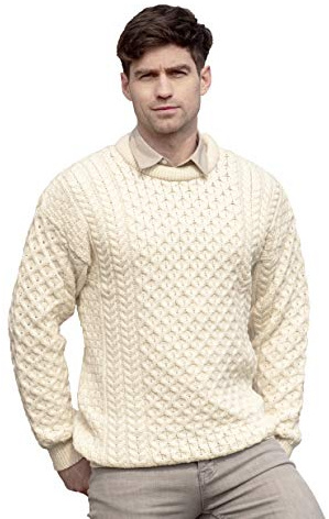 Aran Crafts Unisex Irish Cable Knitted Crewneck Sweater (100% Merino Wool)