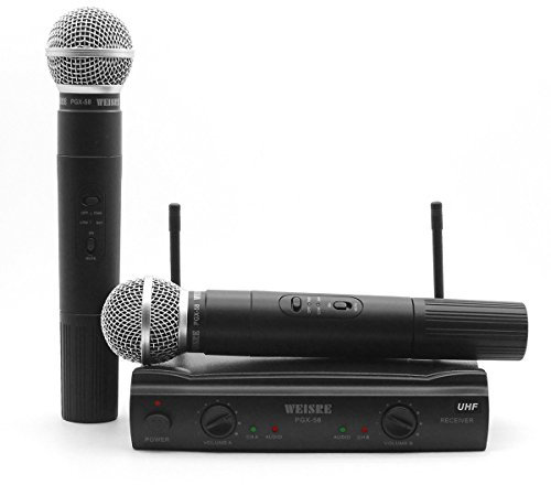 Microfono wireless, Microfono VHF professionale a doppio canale Sistema di microfono wireless con 2 microfoni trasmettitori dinamici portatili per feste, conferenze, karaoke (PGX58)