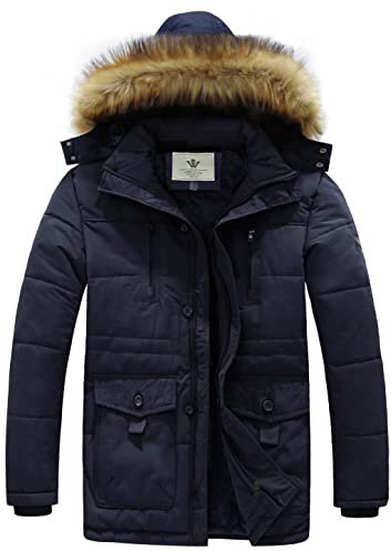 WenVen Homme Parka d'hiver Décontractée Résistante à l'eau Manteau Matelassé en Coton Chaud Veste d'Extérieur Coupe-Vent Puffer Blouson Bleu Marine S