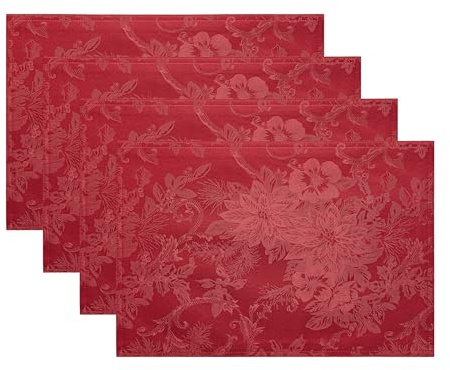 Elrene Poinsettia Elegance Platzsets aus Jacquard-Stoff, 4 Stück, Polyester, Rot/Ausflug, einfarbig (Getaway Solids), 13 x 19, 4