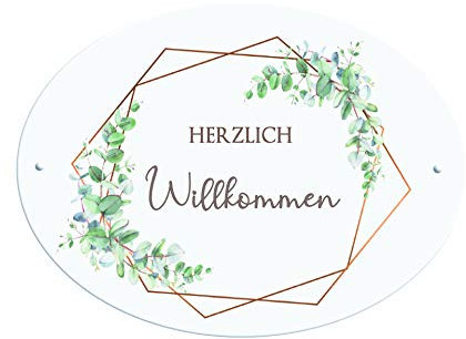 Manufaktur Liebevoll Türschild Herzlich Willkommen I Willkommensschild mit Eukalyptus Motiv I Geschenkidee und Dekoration für die Haustür I witterungsbeständig