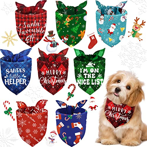 Lot de 8 Bandanas de Noël Classiques à Carreaux pour Chien - Bandanas de Noël pour Animal Domestique - Bonhomme de Neige, Flocon de Neige - Bavoir Triangulaire pour Noël, Les Vacances pour Animaux de