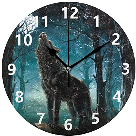 Rootti Runde Wanduhr Wolf Mond Druck leise nicht tickend 20 cm Uhren Dekoration Design für Zuhause Schlafzimmer Wohnzimmer Badezimmer Küche Büro Lounge Dekor