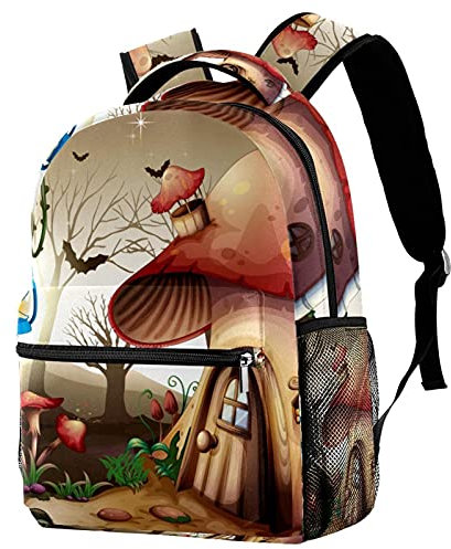 Sac à dos de voyage en forme de maison champignon dans la forêt sombre avec porte-bouteille pour filles et garçons