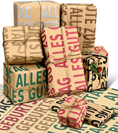 PAPERKIDDO Kraft Geschenkpapier Geburtstag, Geschenkpapier Recycling Set, 12 Blatt 70 * 50 cm Gefaltetes Papier mit Jutesaiten und Doppelseitig Klebende Aufkleber für alle Geburtstagsanlässe (Bunt)