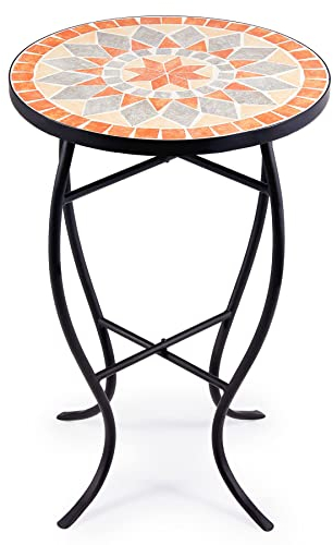 VONLUCE Mosaik-Beistelltisch und Pflanzenständer, 53.5 cm, runder Beistelltisch mit 36 cm Keramikfliesenplatte, Akzenttisch, für Terrasse, Bistro-Couchtisch für Haus und Garten (Orange&Beige)