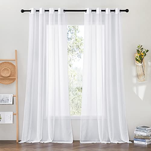 PONY DANCE Vorhang Weiß Transparent 260 cm Hoch Wohnzimmer Vorhänge mit Ösen Voile Gardinen Durchsichtig Extra Lange Gardine Leinenoptik Ösenschal 2er Set H 260 x B 140 cm