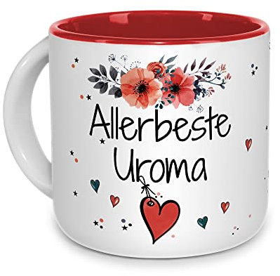 Tasse mit Spruch für die allerbeste Uroma - Geschenk für Uroma, Geburtstagsgeschenk, Familie | Hochwertige Keramik - Innen Rot, 400ml