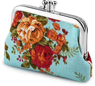 SCSpecial Porte-monnaie en toile avec fermoir à fermeture pour femme Motif floral, bleu, Rétro