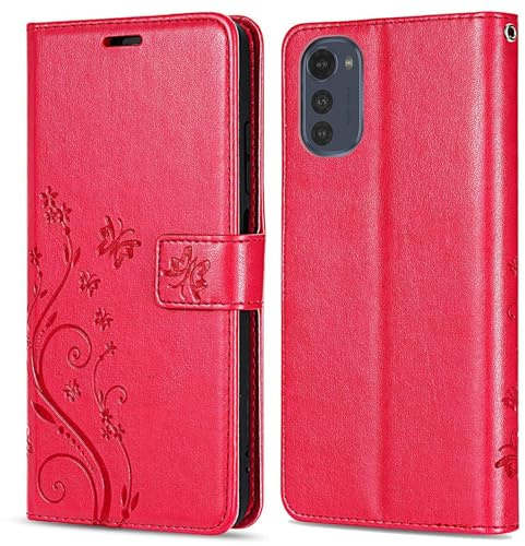 betterfon Hülle Kompatibel mit Motorola Moto E32 / E32s | Premium PU Leder Handyhülle Wallet Case für Moto E32 / E32s | Schutzhülle Blumen Klapphülle Handyhülle | Rot