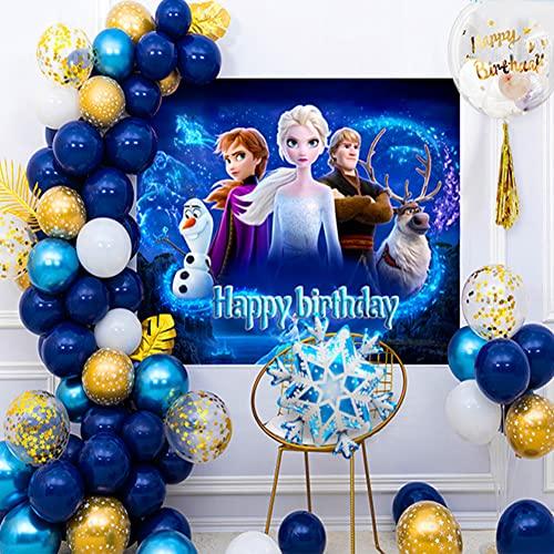 QWEPU Prinzessin Geburtstagsdeko Mädchen, 45PCS Party Supplies Kit, Party Deko Ballongirlande mit Schneeflocke, Regenfilament, Blättern, Ballonkette, Ballons, Klebeband, Blue, Prinzessin Cartoon