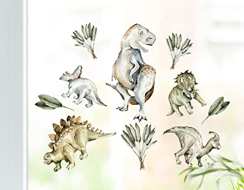 wolga-kreativ Fenstersticker Fensterdeko Fensterbilder Motiv Fensterfolie Glasdeko Selbstklebend Dinosaurier Flugdino T-Rex Palme wiederverwendbar Kinderzimmer Junge Jungenzimmer