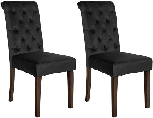 CLP 2er Set Esszimmerstühle Lisburn I Samt I Stoff I Polsterstühle Gesteppt Chesterfield Design | Farbe schwarz Material Samt