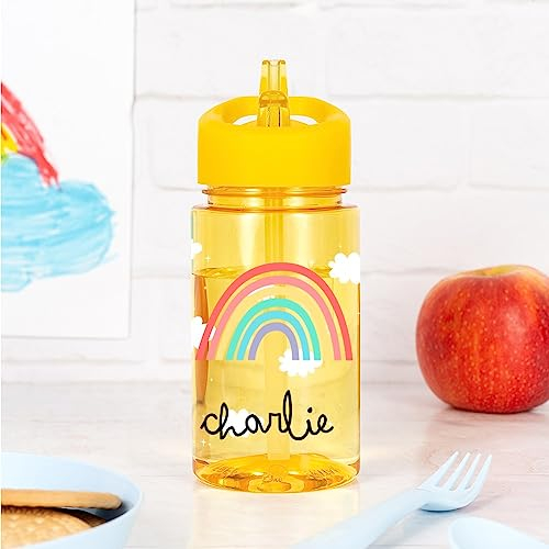Wanapix | Botella Infantil Personalizada| Botella de Agua para Niños | Con Pajita y Asa Transporte | Colegio/Guardería | Plástico Libre BPA | 440 ml | Amarillo - Nubes