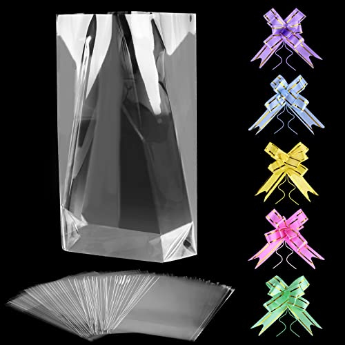 50 Stück Cellophantüten Klar 20 x 30 cm Transparente Zellophanbeutel Süßigkeiten Tüten mit 50 Pull Bögen Klare Flache Cello Cellophan Taschen für Süßes Geschenk Cupcake Gastgeschenke