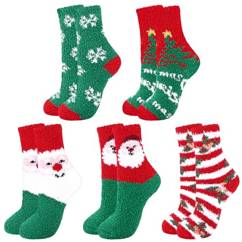 BENUAN Christmas Fluffy Socks for Women, 5 Pairs Fuzzy Bed Socks Cozy Soft Slipper Socks Winter Socks Sleeping Warm Socks Gift for Christmas