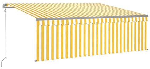 Tidyard Automatische Markise mit Volant LED Windsensor Gelenkarmmarkise Sonnenschutz Sonnenmarkise Balkonmarkise Terrasse 4 x 3 m (B x H) Pulverbeschichtetes mit PU-Beschichtung Gelb und Weiß