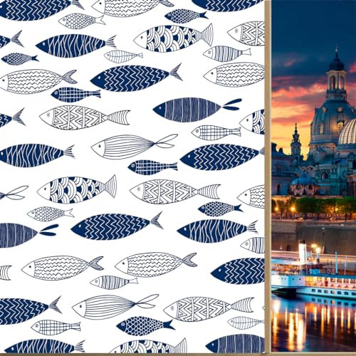 COALHO Abstrakte nautische Fische Privatsphäre Verdunkelung Fensterfolie Druck Vintage Aquarell Blau Unterwasser Tiere Fisch Wiederverwendbar Selbstklebend Isolierte Fensteraufkleber 60 B x 90 L cm x