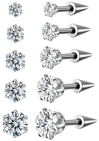 JewelryWe Spike Ohrstecker Set Zirkonia: 5pcs Edelstahl Spitze Schrauben Ohrstecker mit Zirkonia Punk Gestüt Ohrringe Fakeplugs Fake Piercing für Herren Damen Silber