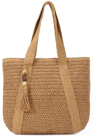 EVEOUT Sac à bandoulière en paille pour Femmes Filles Sac à main d'été en paille Cabas Sac de plage tissé pour vacances voyages(Marron clair 02)