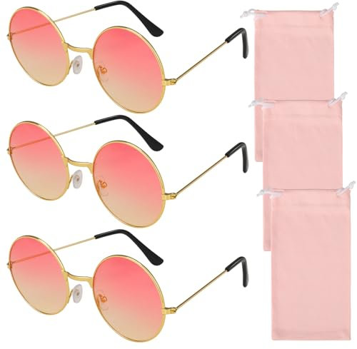 Jostift 3 Paar Hippie Brille, Hippie Sonnenbrille mit 3 Brillenetui, Runde Sonnenbrillen Retro Brille 70er Jahre Disco Festival Party Brille für Herren Damen