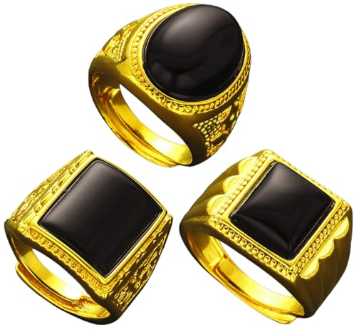 3 Stück Edelstahl Ringe Herren Männer Gold Breitband Biker Vintage Ringe Schwarz Siegelring Einfacher Quadratischer Achat Solide Poliert Hip Hop Rock Band Ringe Set Größe