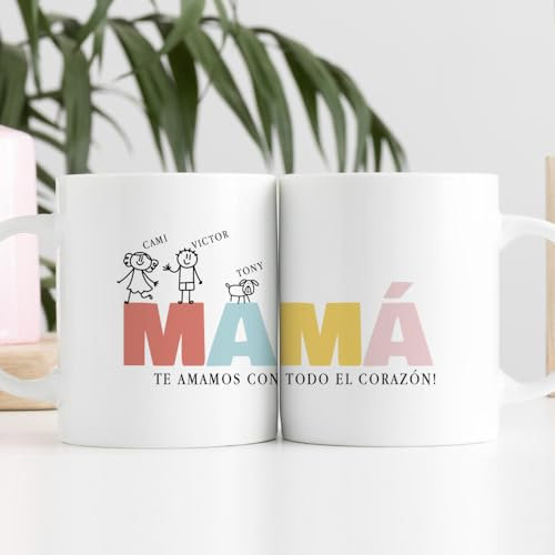 Transparent Gift Taza Personalizada con Nombres Mamá Dibujos. Tazas Originales para Regalar en el Día de la Madre. Regalos Personalizados con Foto. Regalos Originales para Mujer. Regalos para Madres
