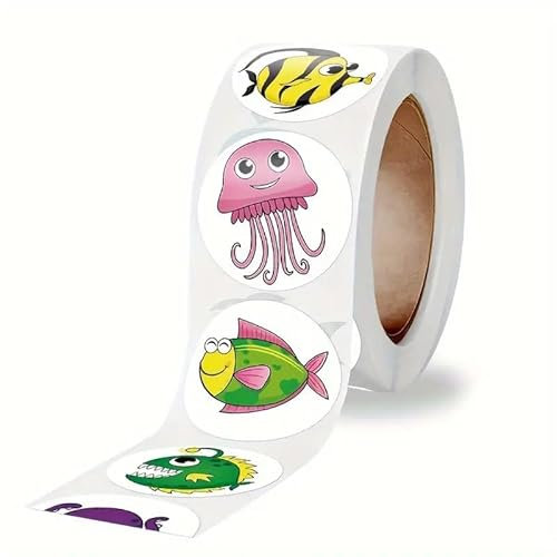 PLAYZOCO Fische Aufkleber für Kinder, Wassertier-Sticker, Kinderaufkleber, Fisch-Aufkleber, Fisch-Aufkleber auf Rolle, 500 Aufkleber, 2,5 cm, Motiv Fische