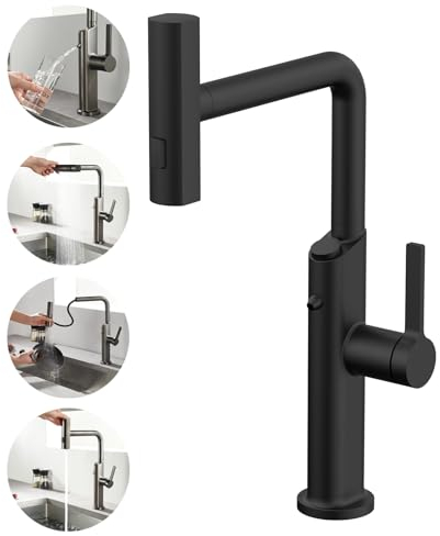 Grifo de Cocina 3 Vías con Ducha Extraíble, Grifo de Agua Potable para Sistemas di Ósmosis o Filtro de Agua, Monomando 4 Modos Grifo de Fregadero de Cocina con Dos Salidas (Negro)