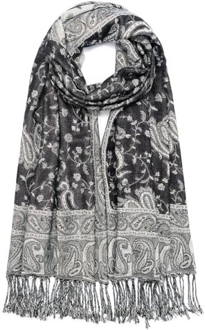 QIUTIMIY Paisley-Pashmina-Schal für Damen, wendbar, Vintage-Jacquard-Pashmina-Rave-Schal mit Fransen für Abendveranstaltungen, Hochzeiten（Blume1-Grau）