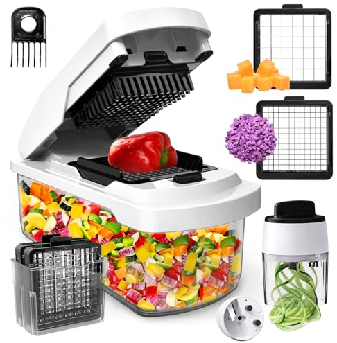 CrazyQueen Vegetable Chopper Multifunctional 2-in-1 Food Choppers Onion Chopper Vegetable Slicer Cutter Dicer Veggie chopper with Spiralizer, Container for Salad Potato Carrot Garlic