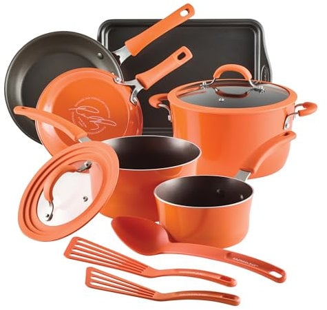 Rachael Ray Cook + Create Nonstick Pots and Pans Set with Universal Space-Saving Lids, Baking Pan/Cookie Sheet, and Kitchen Cooking Tools, Cookware Set, 11 Piece - Orange