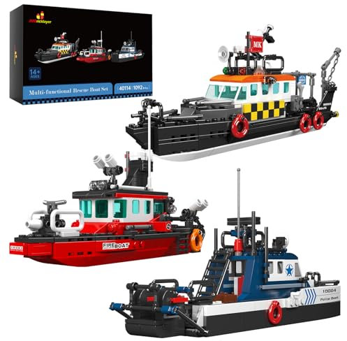 JMBricklayer City-Boot-Bausätze, 3-in-1-Mini-Boot-Spielzeugset – Multifunktionales Seenotrettungsschiff, Feuerwehrboot und Polizeiboot, Schiffskonstruktionsspielzeug für Jungen und Kinder ab 8+ Jahren