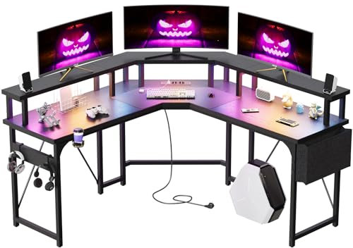 Devoko 153x153 cm Gaming Schreibtisch mit LED, groß Gaming Tisch L Form mit 2 Steckdosen und 2 USB Ladeanschluss, Eckschreibtisch PC Tisch mit großzügiger Monitorablage, Geprägtes Schwarz