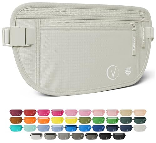 Vantamo Bauchtasche Damen Ultraflach mit RFID-Schutz, Geldgürtel für Reisen mit 2 Fächer und Verstellbarem Gurt, Hüfttasche Herren für Laufen und Wandern Passt für Reisepass, Bargeld und Telefon