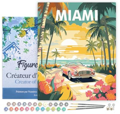 Figured'Art Peinture par Numéro Adulte avec Cadre Affiche de voyage Miami au coucher du soleil - Activité Manuelle Kit de Loisir Créatif DIY Numéro d'Art Complet - 40x50cm toile tendue sur châssis