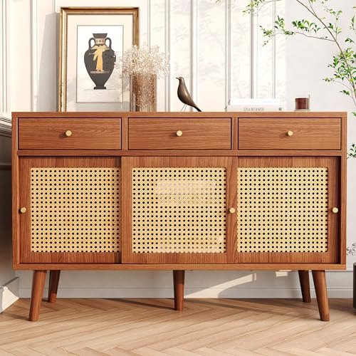 DRIXNO Sideboard, Kommode mit 3 Schubladen und 3 Schiebetüren, Rattangeflecht auf den Türfronten, Beine aus massivem Holz, Golden Metall Bügelgriff,verstellbare Ablagen,nussbaumfarben,120x 40x78cm